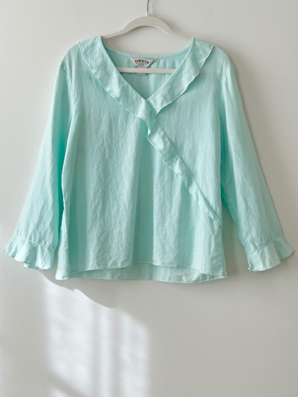 Orvis 100% Linen Mint Green Ruffle Top